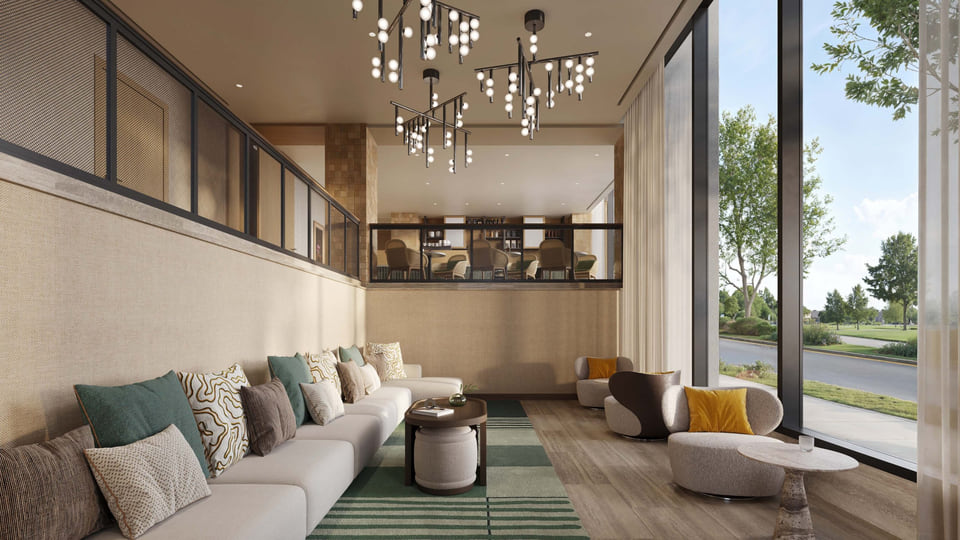 Amenity flythrough — arrival, lobby, and clubroom sequence.