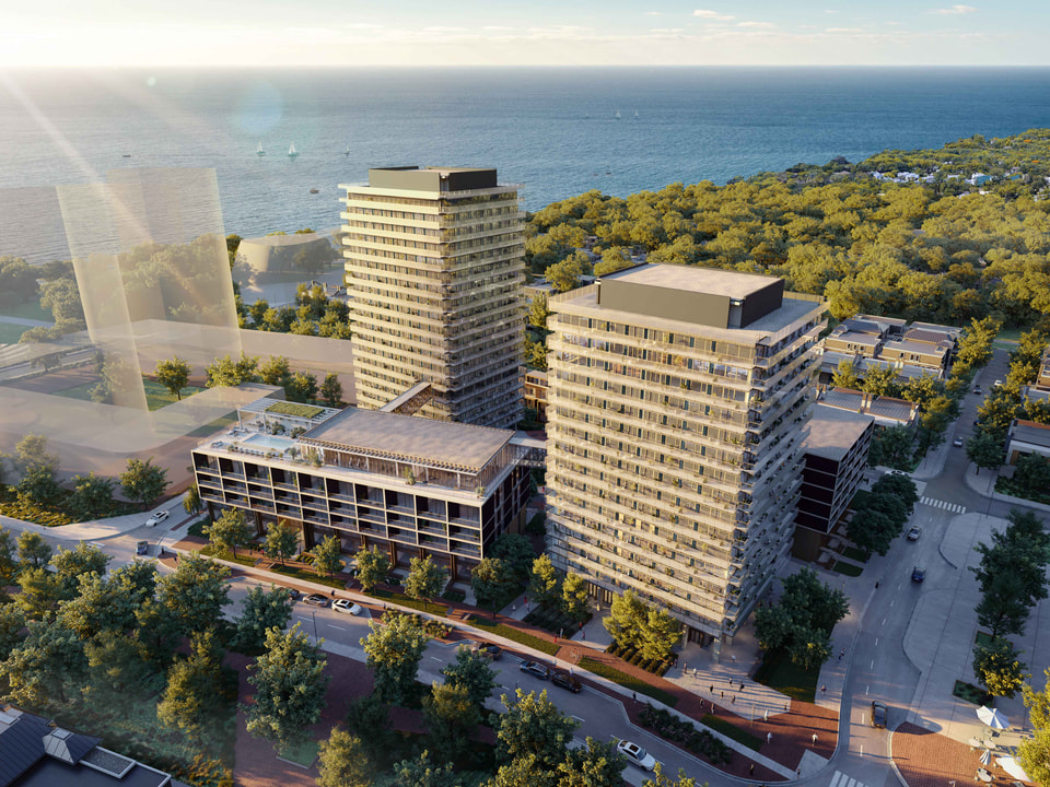 Aerial site-massing rendering of two modern towers near a waterfront with urban context.