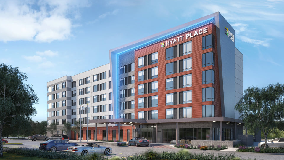 Hyatt Place — select-service hotel exterior arrival rendering