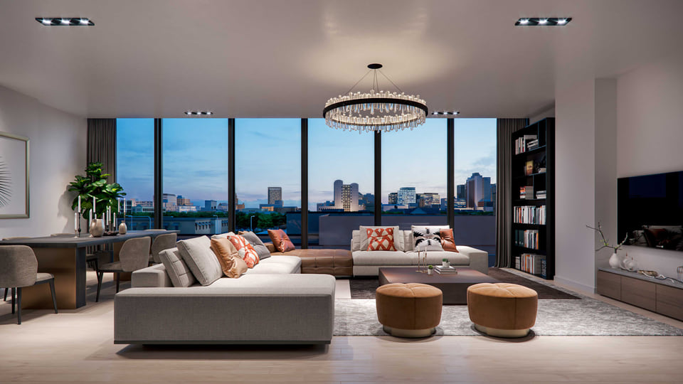 Social room amenity with lounge seating and dining bar.