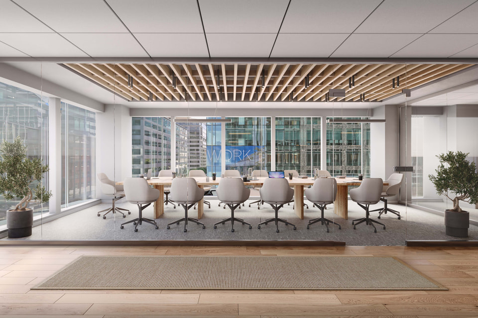 Rendering of a modern corner office with an open layout. Features include large floor-to-ceiling windows with city views, ergonomic desks in clusters, sleek office chairs, minimalistic décor, and potted plants. A cozy lounge area provides space for informal meetings. The design is clean, functional, and inviting.