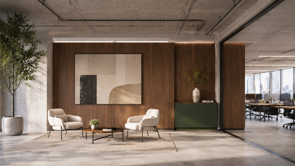 250 Dundas, Toronto ON — office floor reception and elevator lobby rendering