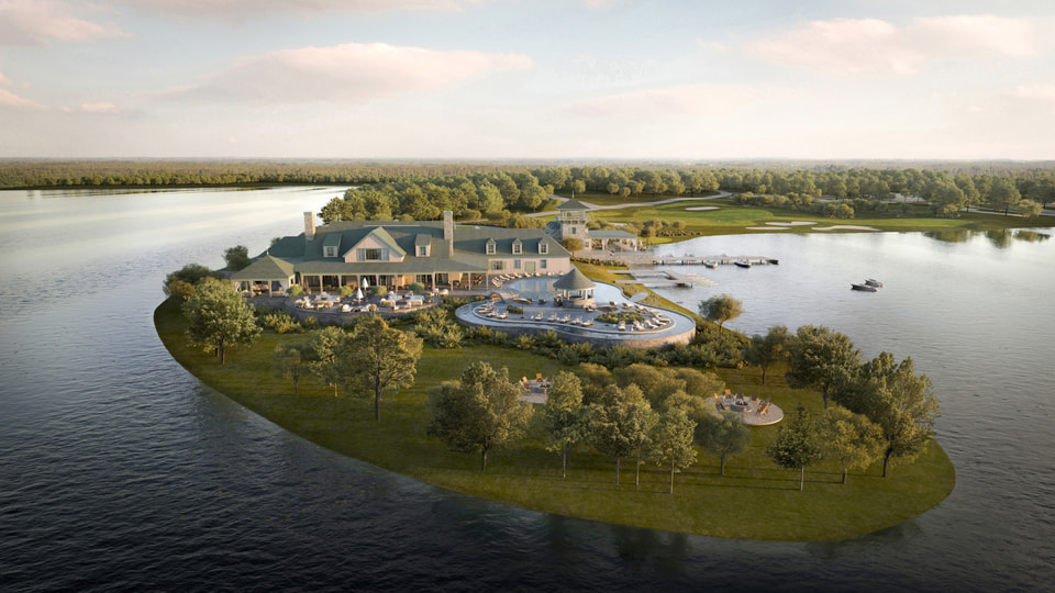 Freestone Club, Fairfield TX, Todd Interests. Sunset aerial rendering of the lake clubhouse and curved pool deck on a wooded peninsula with the golf course and marina beyond by Radical Galaxy Studio