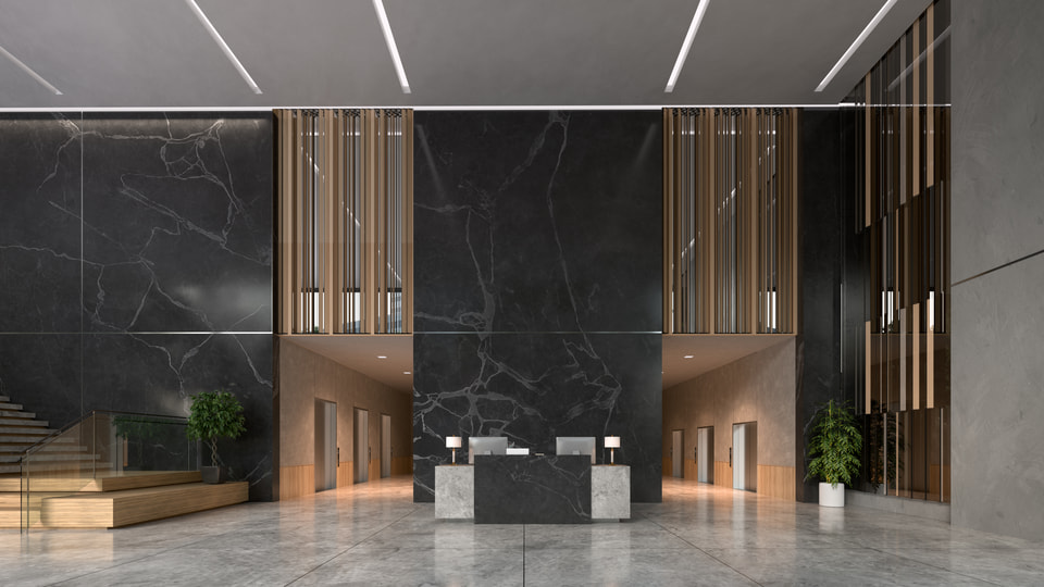 The Sinclair, Dallas TX. Residential lobby rendering with 30 foot ceiling, honed dark marble walls, bronze fins, and a stone concierge desk by Radical Galaxy Studio