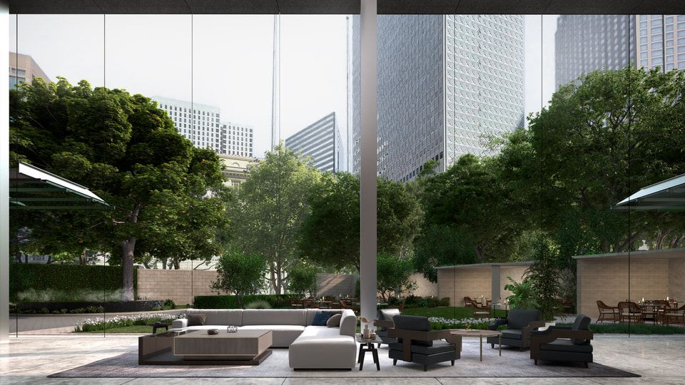 The Sinclair, Dallas TX. Resident lounge rendering opening to the garden terrace with downtown Dallas towers beyond the glass by Radical Galaxy Studio