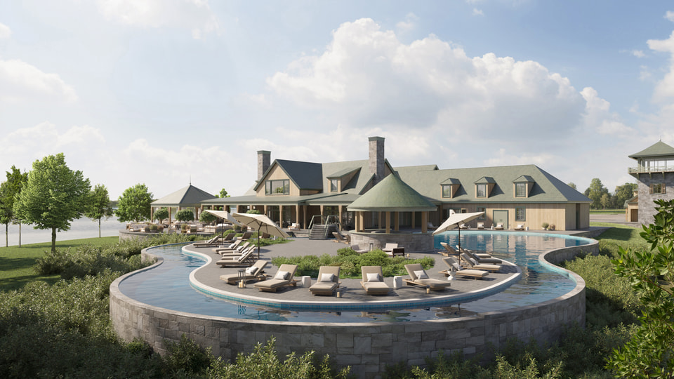 Freestone Club, Fairfield TX. Rendering of the resort pool and lazy river terrace with chaise lounges, umbrellas, and the shingled clubhouse behind under a Texas summer sky by Radical Galaxy Studio