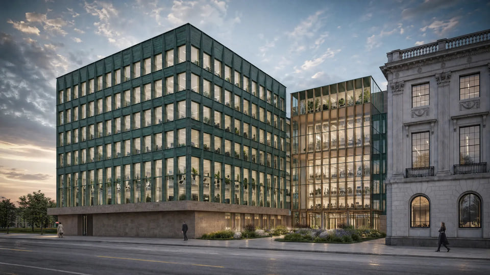 Ottawa ON — contemporary office rendering with bronze-framed glass expansion beside a heritage limestone building at dusk by Radical Galaxy Studio