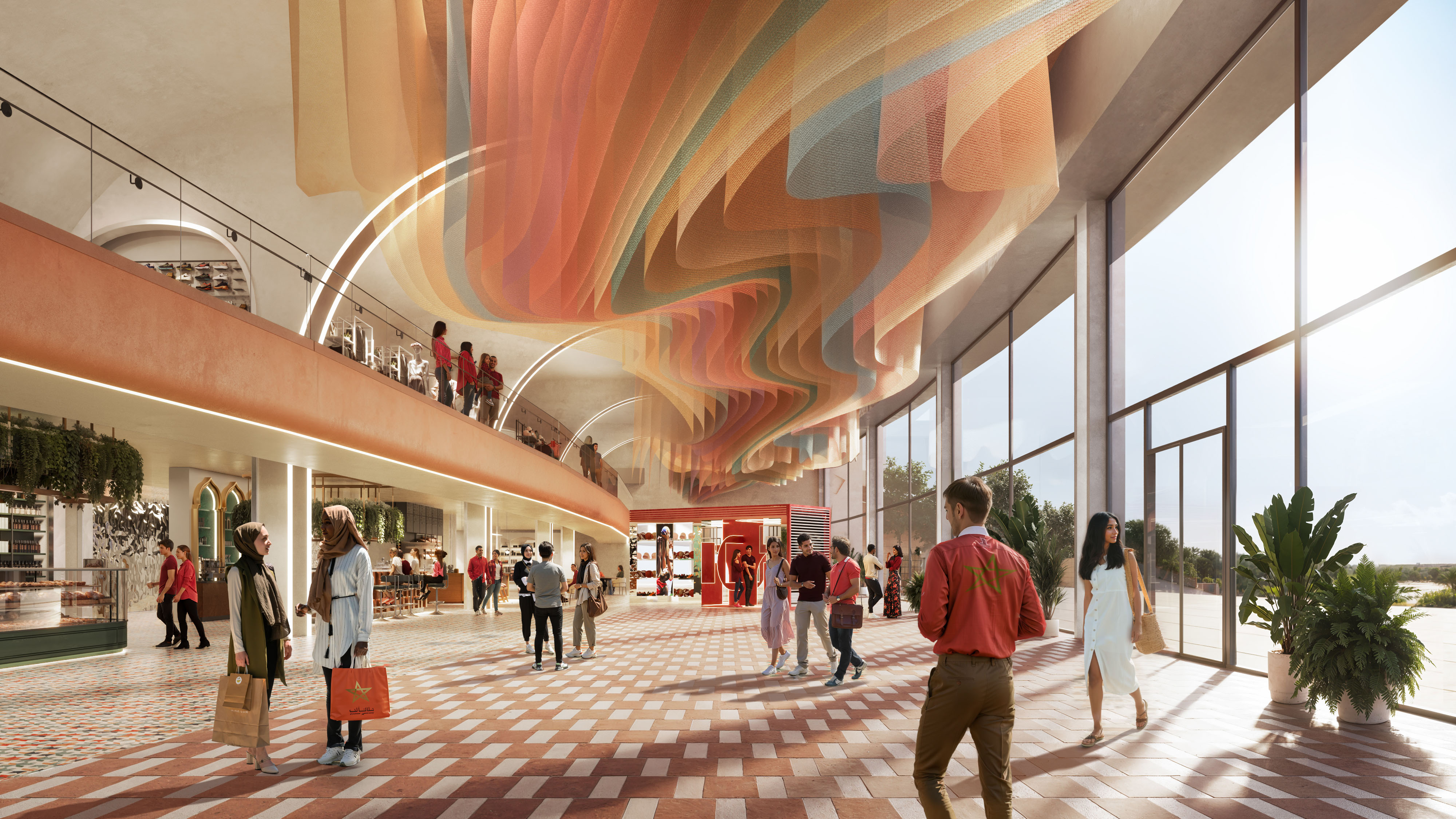 3D architectural visualization of a sports stadium concourse with modern design, colorful ceiling installation, and natural daylighting.