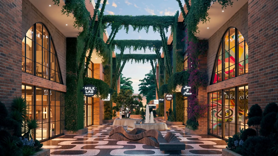 Post Oak, Houston TX. Office lobby concept at dusk with workplace lounge.