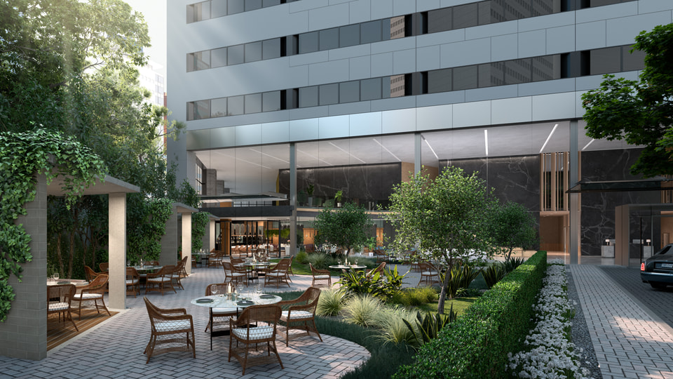 The Sinclair, Dallas TX. Garden terrace rendering with shaded cafe tables, olive trees, and layered planting at the base of the tower by Radical Galaxy Studio