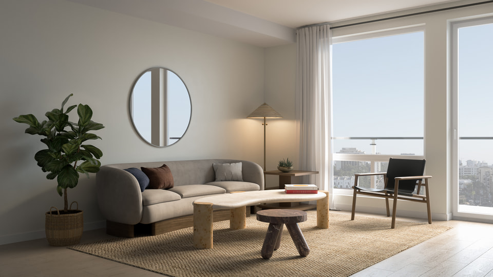 Photoreal living room rendering with modern furnishings, warm lighting, and a large window view
