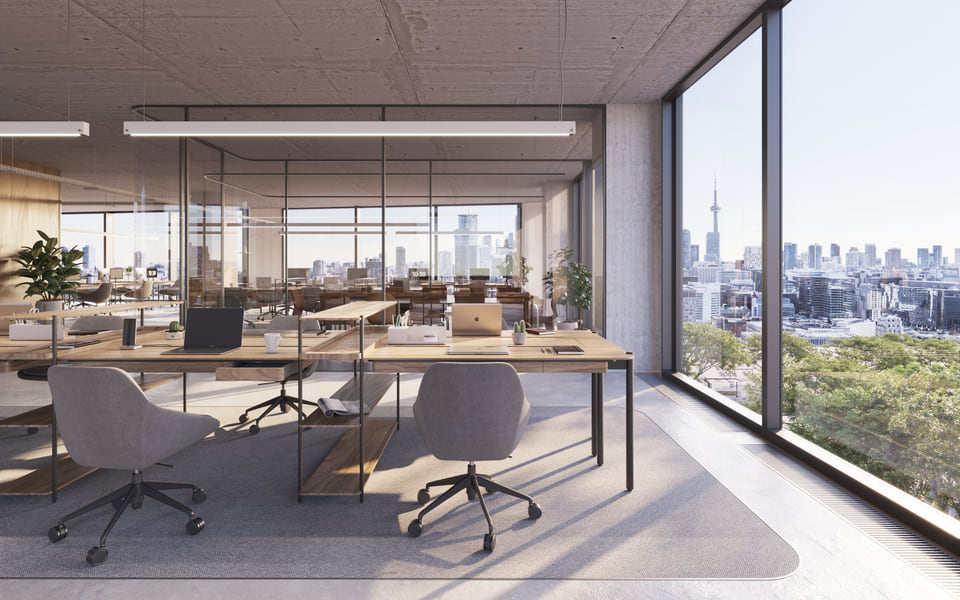 250 Dundas — Class-A office floor with open workstations and Toronto skyline views