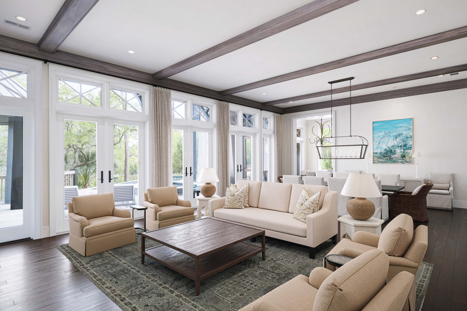 Architectural rendering of a single family home with open-concept living room with floor-to-ceiling windows