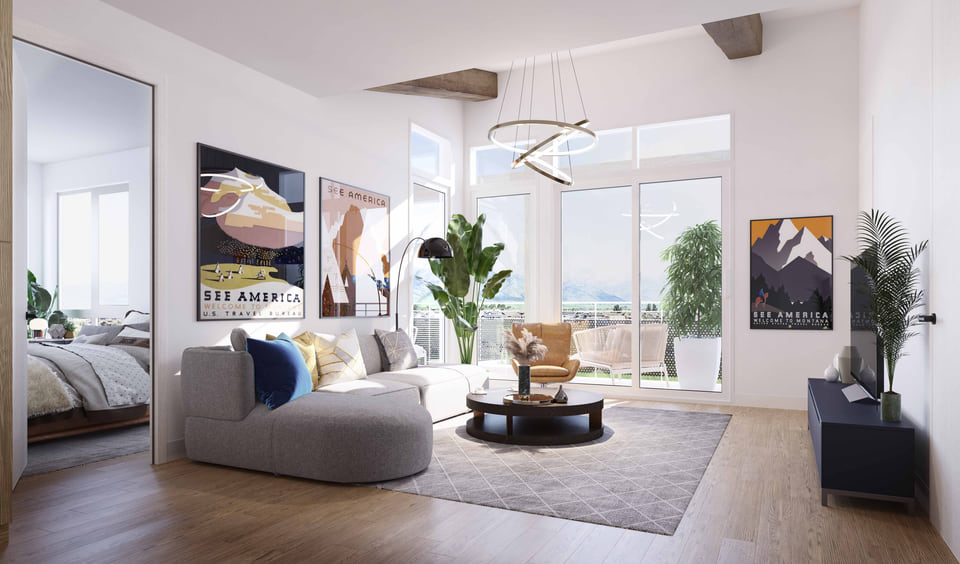 The Penrose, Bozeman MT. Open-plan living room with floor-to-ceiling glass, layered seating, and mountain views by Radical Galaxy Studio