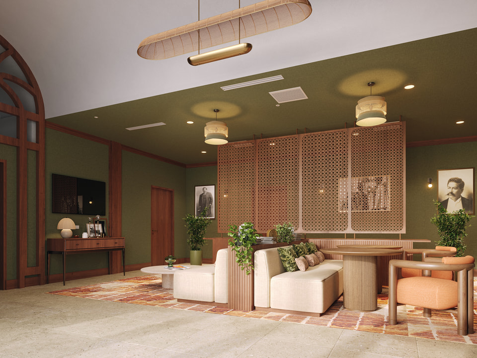Hospitality outdoor lounge rendering with tropical planting and lantern lighting.