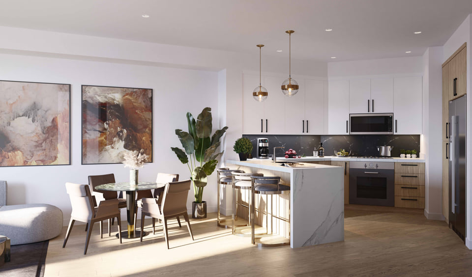 The Penrose, Bozeman MT. Apartment kitchen with quartz waterfall island and modern cabinetry by Radical Galaxy Studio
