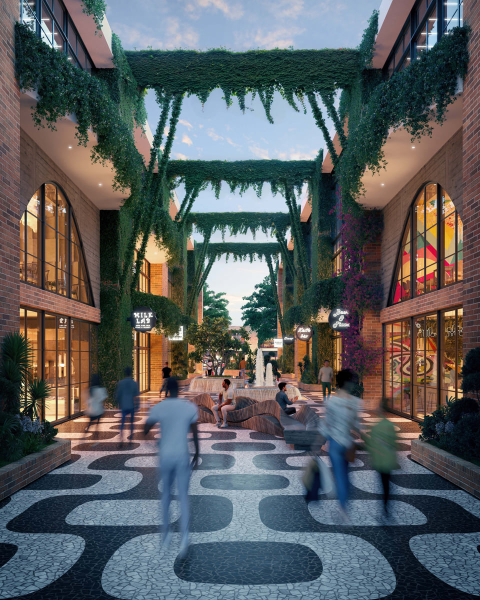 Post Oak, Houston TX. Ground-floor retail arcade concept rendering with arched brick storefronts and terrazzo paving.
