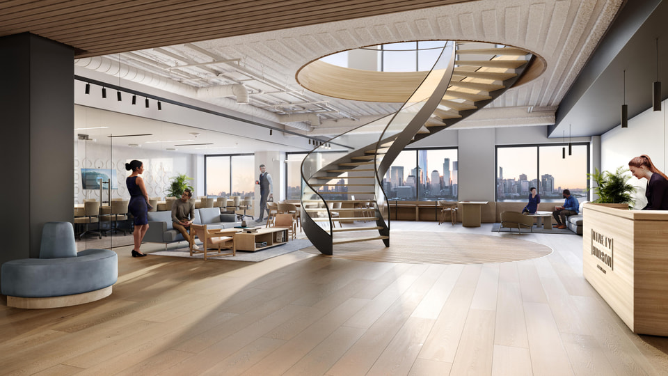 Office rendering, open workplace floor with collaborative desks and sculptural staircase