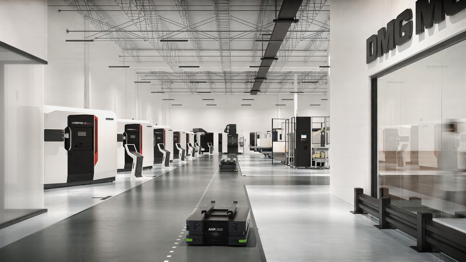 DMG Mori, Chicago IL — production floor interior rendering with column grid, crane runs, and CNC bays