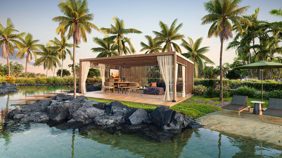 architectural 3D rendering of a Hawaiian beach cabana with bamboo walls, thatched roof, tropical flowers, palm trees, and ocean views.