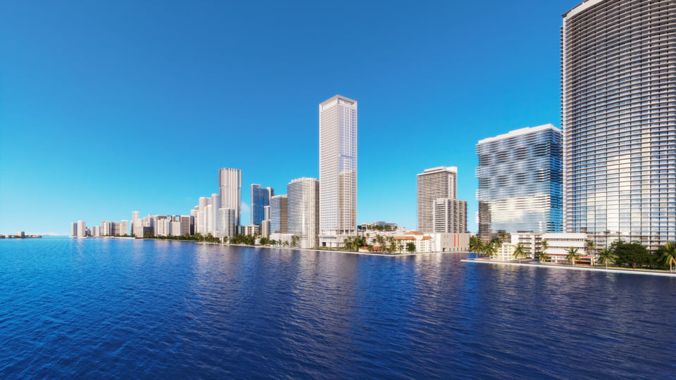 Missoni Baia exterior condo rendering from Miami Beach, 57-story Edgewater tower