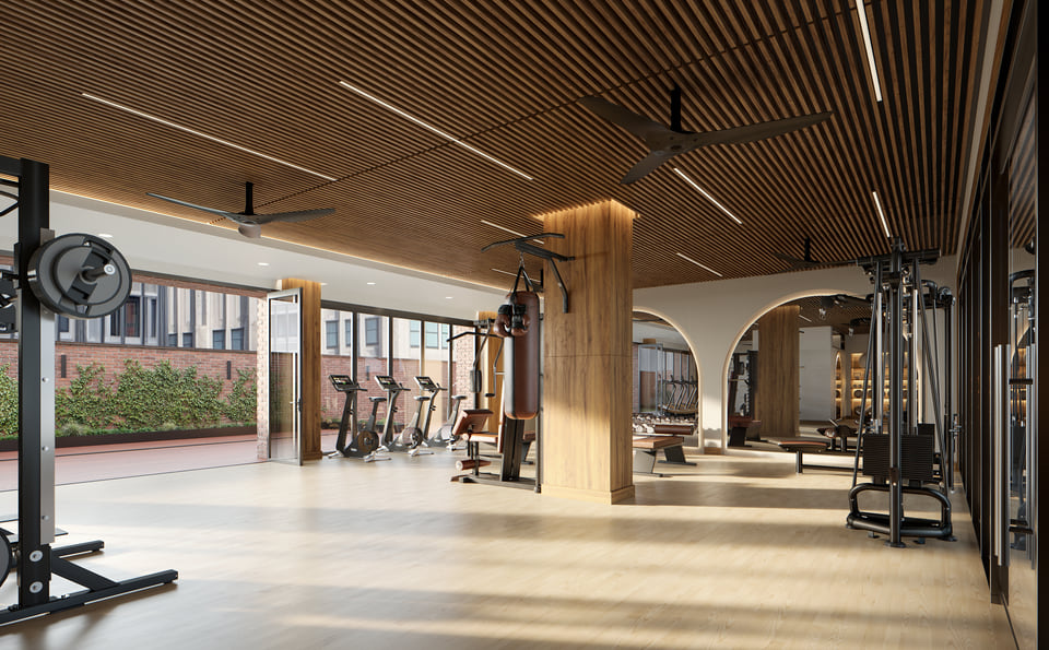 79 Monroe, Chicago IL — Ware Malcomb. Fitness center with wood-slat ceiling and courtyard glazing by Radical Galaxy Studio
