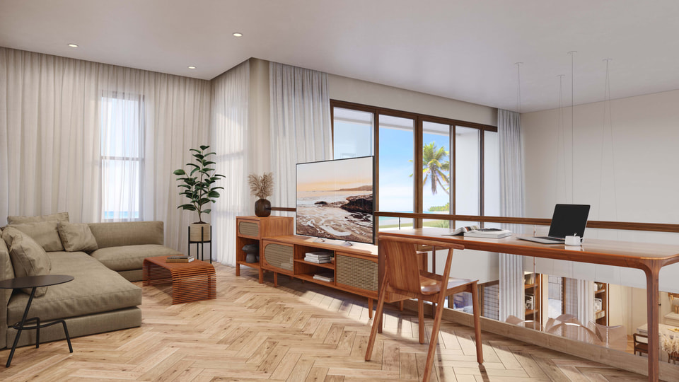 A rendering of a stylish home office in a Caribbean island home, with a sleek desk, plenty of natural light, and decor that reflects the island's serene atmosphere.