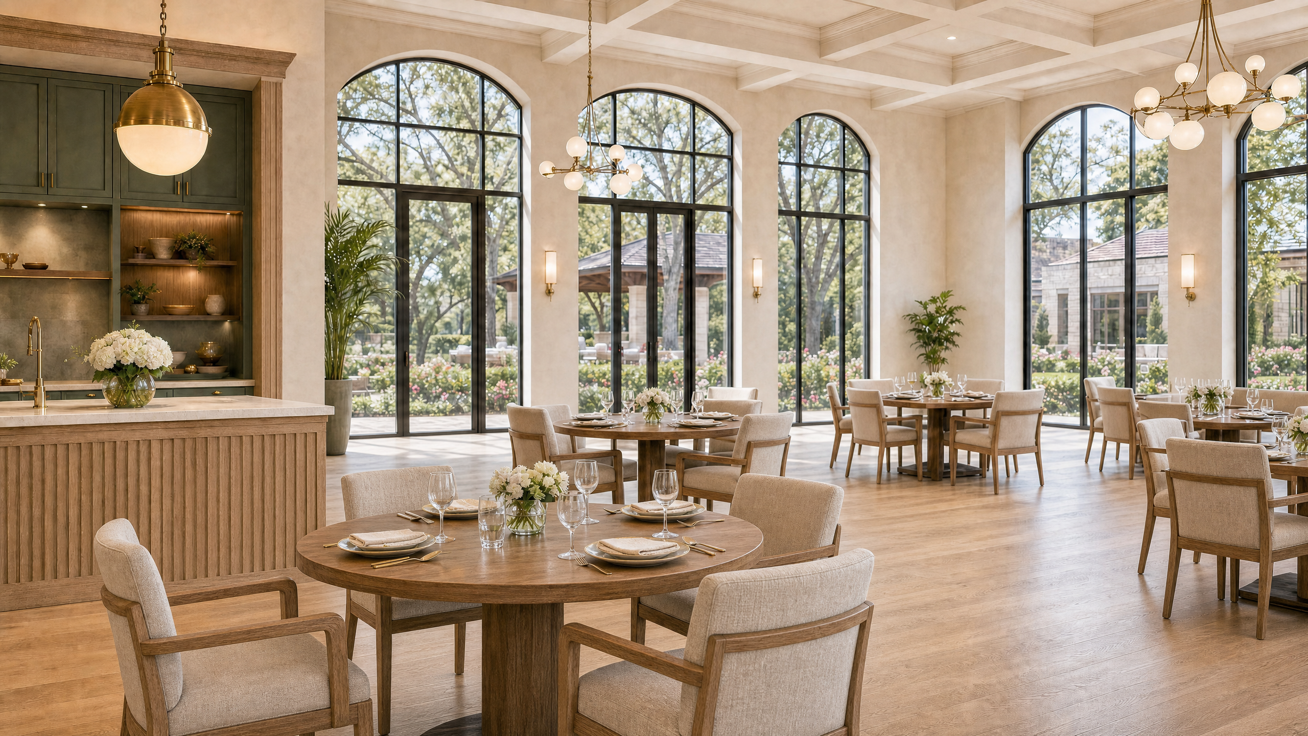 Senior living dining room rendering with residents seated at tables and staff serving in a warm, restaurant-style space