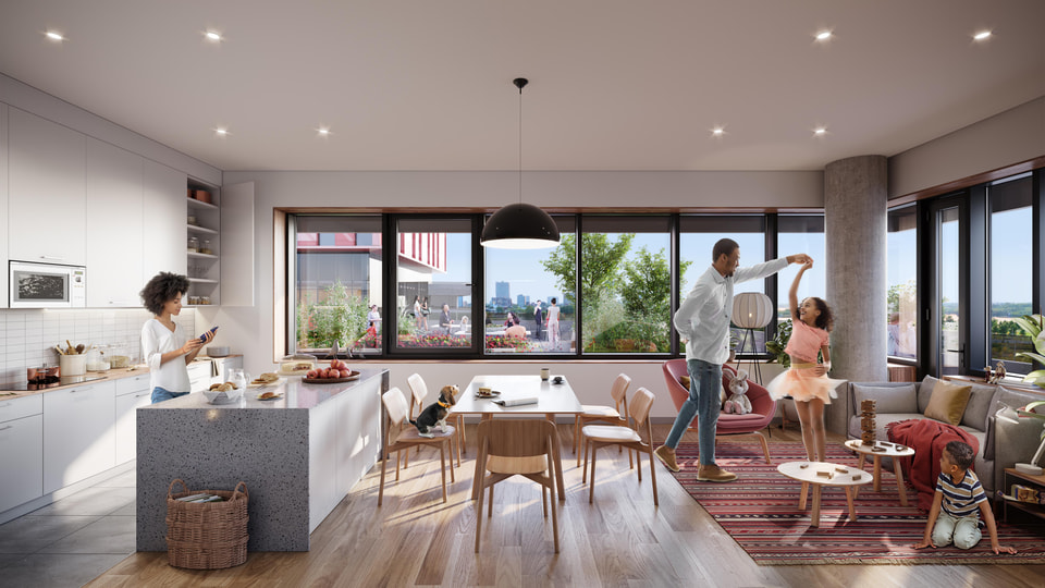 LeBreton Flats, Ottawa ON — Dream Asset Management. Open-plan kitchen, dining, and living room with river-view glazing by Radical Galaxy Studio