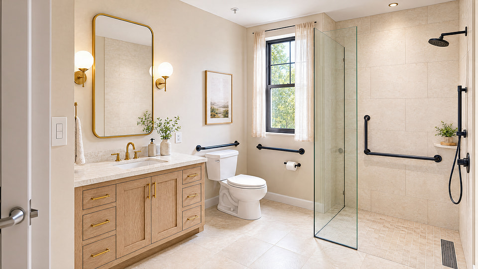 Accessible senior living bathroom rendering with a curbless shower, grab bars, and a warm residential palette