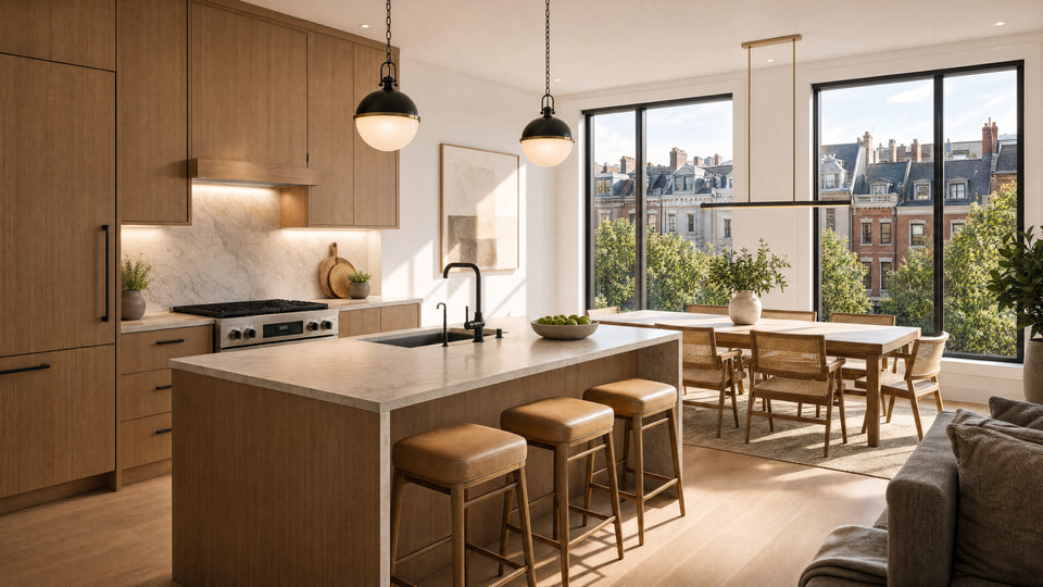 Washington DC multifamily unit interior — open-plan kitchen with marble waterfall island, white-oak cabinetry, and Dupont Circle rowhouse views by Radical Galaxy Studio