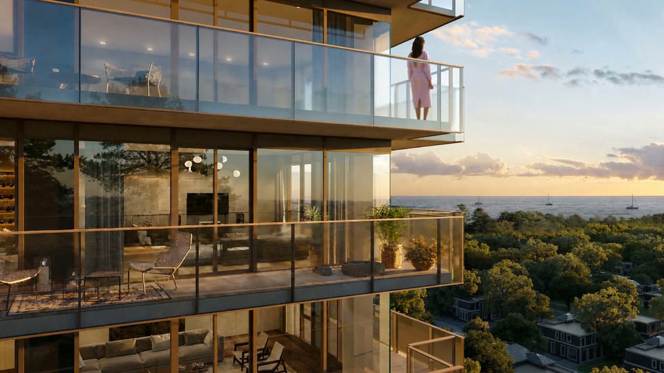Brightwater Port Credit cinematic aerial rendering, mixed-use masterplan in Mississauga