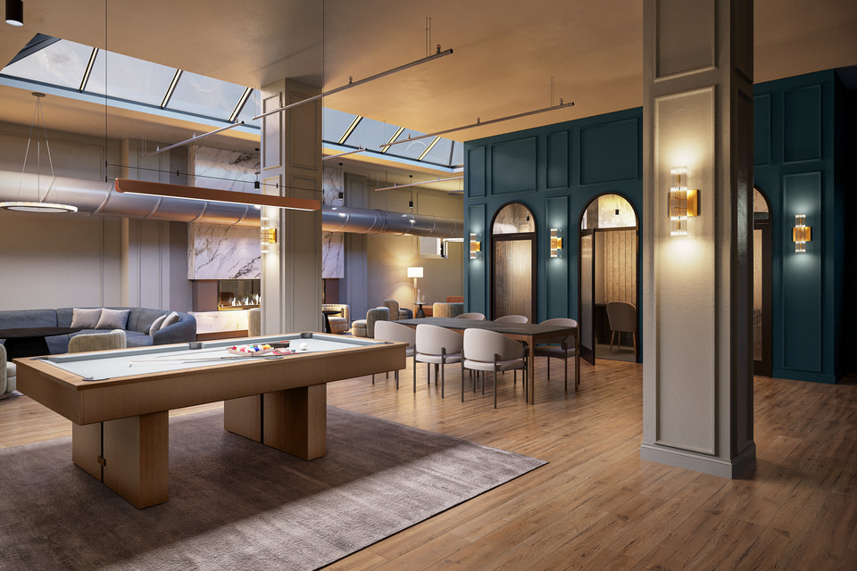 79 Monroe, Chicago IL — Ware Malcomb. Club lounge under original skylights with billiards, dining, and lounge seating by Radical Galaxy Studio