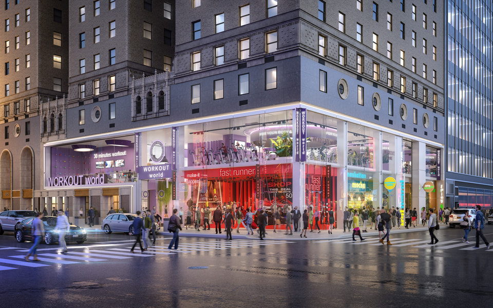 761 Seventh Avenue, New York NY — Newmark. Times Square-adjacent retail corridor at night with illuminated storefront glazing and repositioned Midtown streetscape by Radical Galaxy Studio