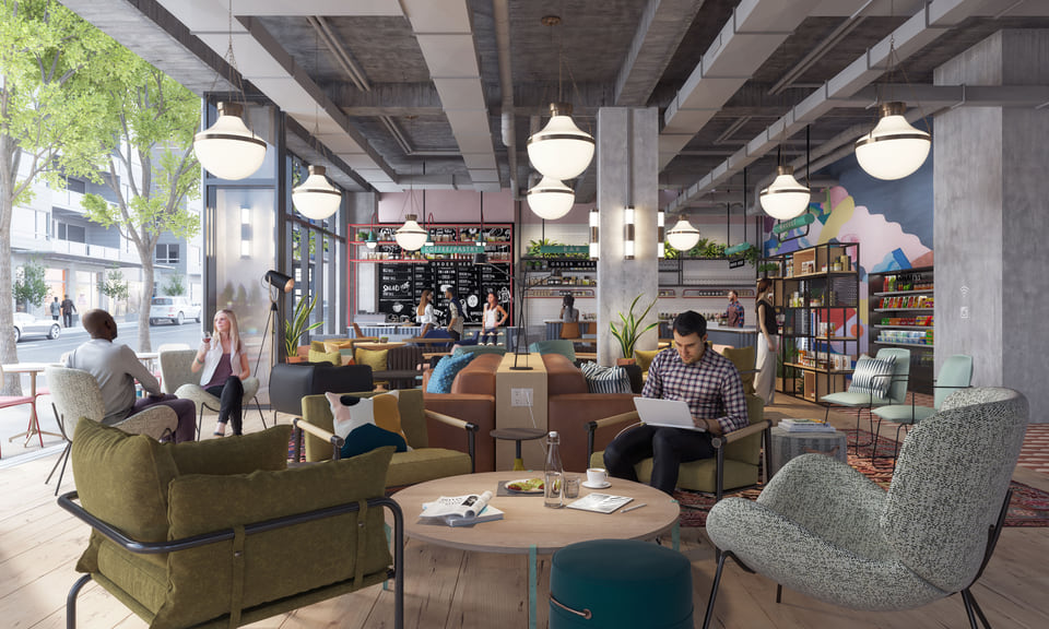 Caption by Hyatt — public-space lobby rendering with feature lighting