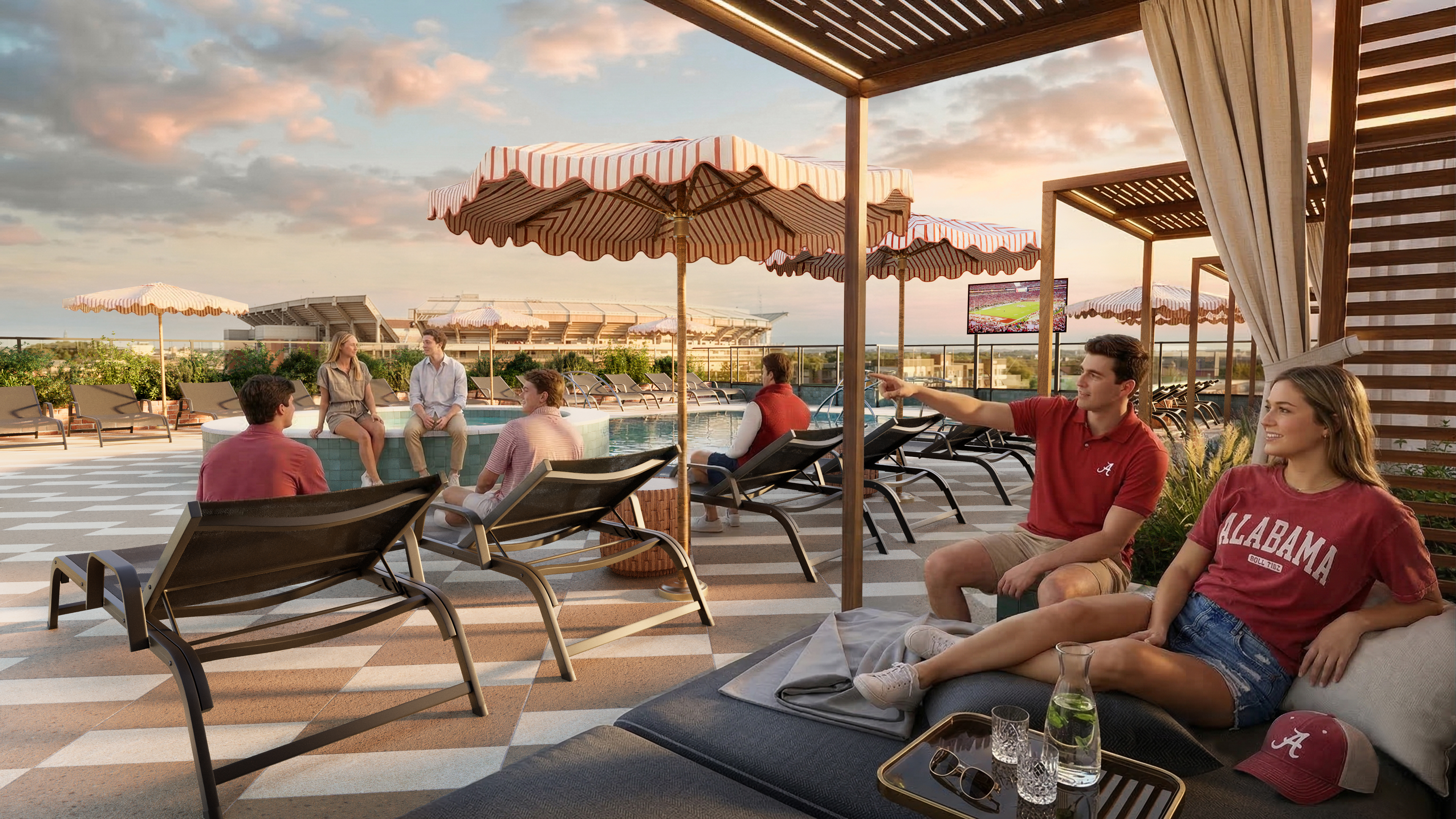 Student housing pool pavilion rendering at sunset with shade structures, lounge seating, and students relaxing