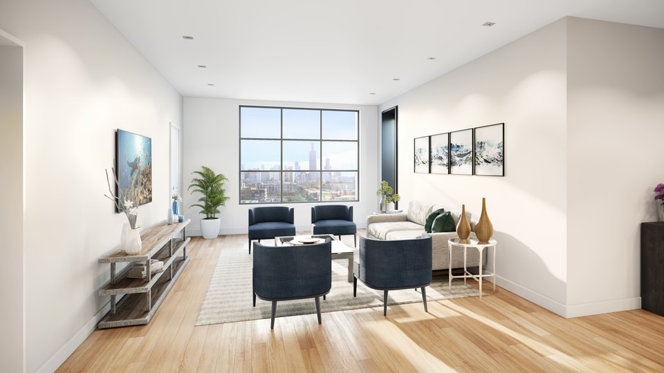 1400 W Monroe, Chicago IL — JK Equities. Multifamily VR walkthrough of the primary residence with warm-neutral palette and city-view glazing.