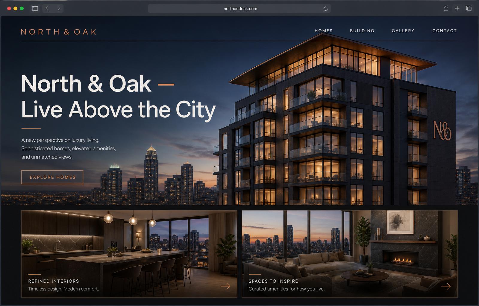 North & Oak luxury apartment marketing website desktop mockup