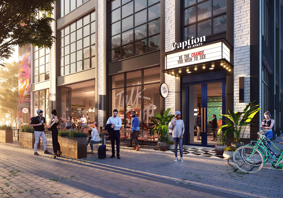 Exterior rendering of a Caption by Hyatt hotel with lit signage and evening streetscape