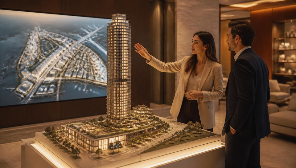Interactive sales gallery — touchscreen site plan, unit explorer, and finish selectors in action.