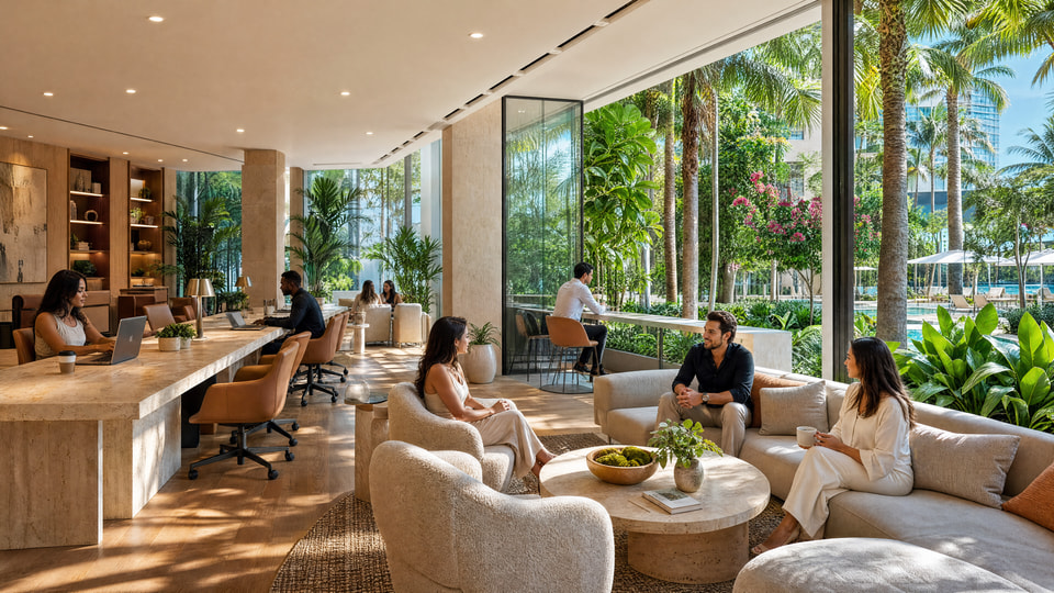 Miami FL — mixed-use streetscape amenity rendering with pedestrian retail frontage and residential tower above.