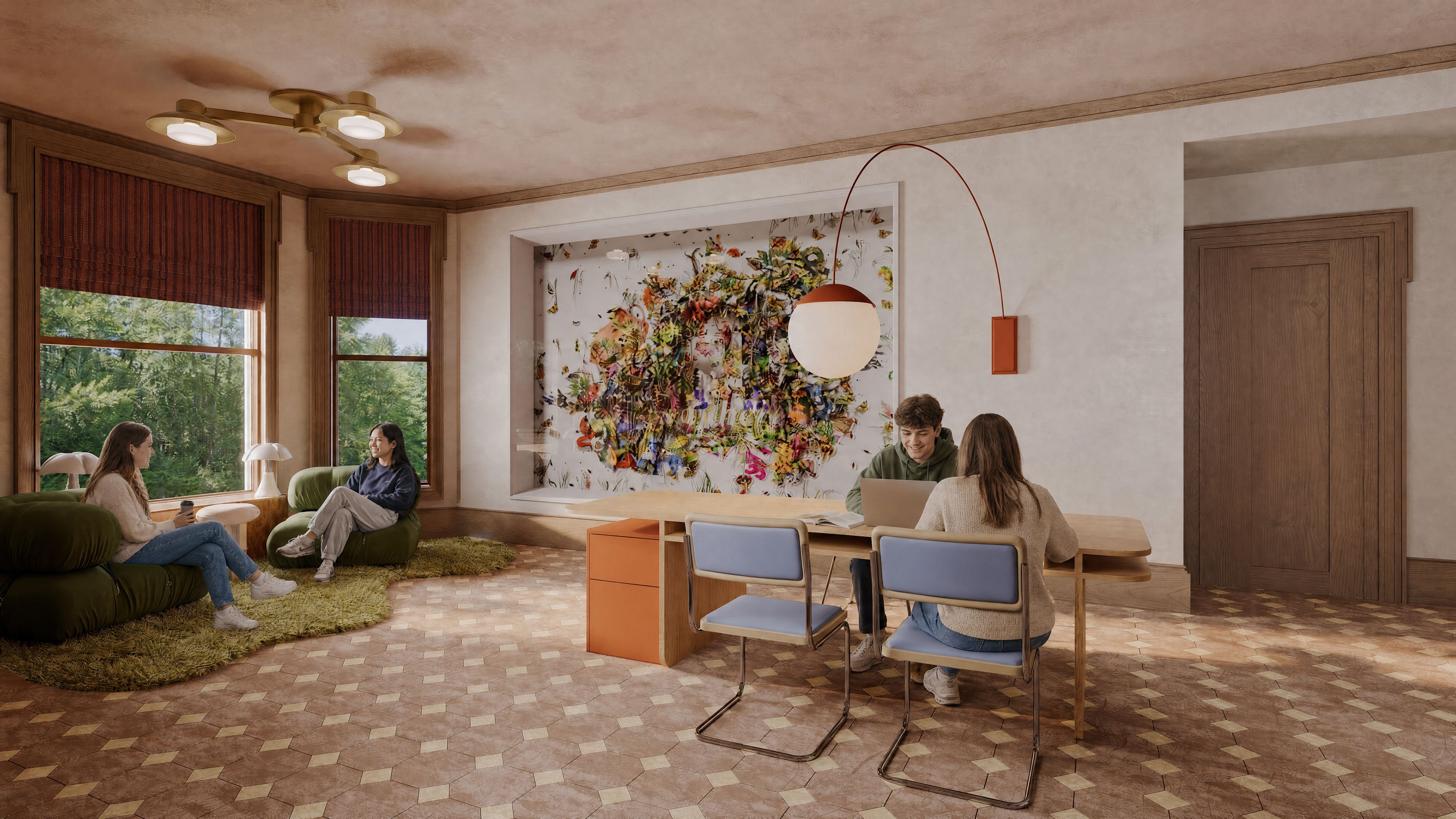 Student housing lounge rendering with residents studying and socializing on soft seating in a bright amenity space