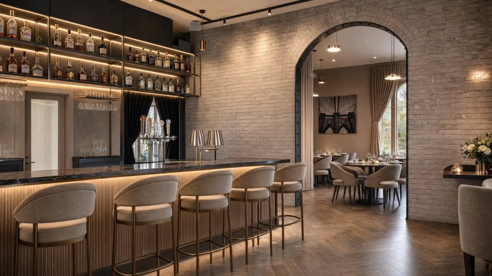 Ottawa ON — restaurant and bar interior rendering with backlit bottle shelving, marble bar, and stone-clad archway into the dining room by Radical Galaxy Studio