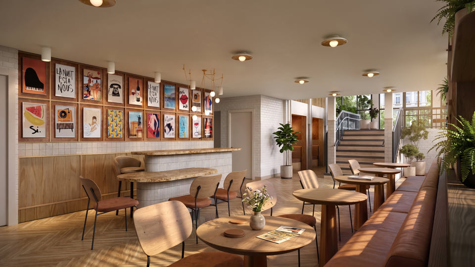 Tuscaloosa AL — residential main lobby rendering with reception desk, lounge seating, and warm material palette