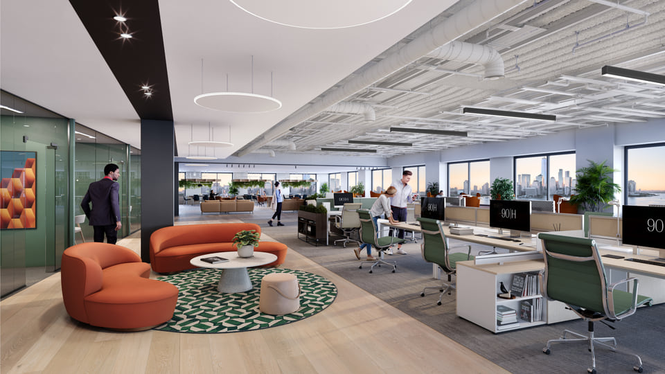 90 Hudson Street, Jersey City NJ — Spear Street Capital. Repositioned office lobby rendering with warm wood ceiling, lounge seating, and Manhattan skyline visible across the Hudson River by Radical Galaxy Studio