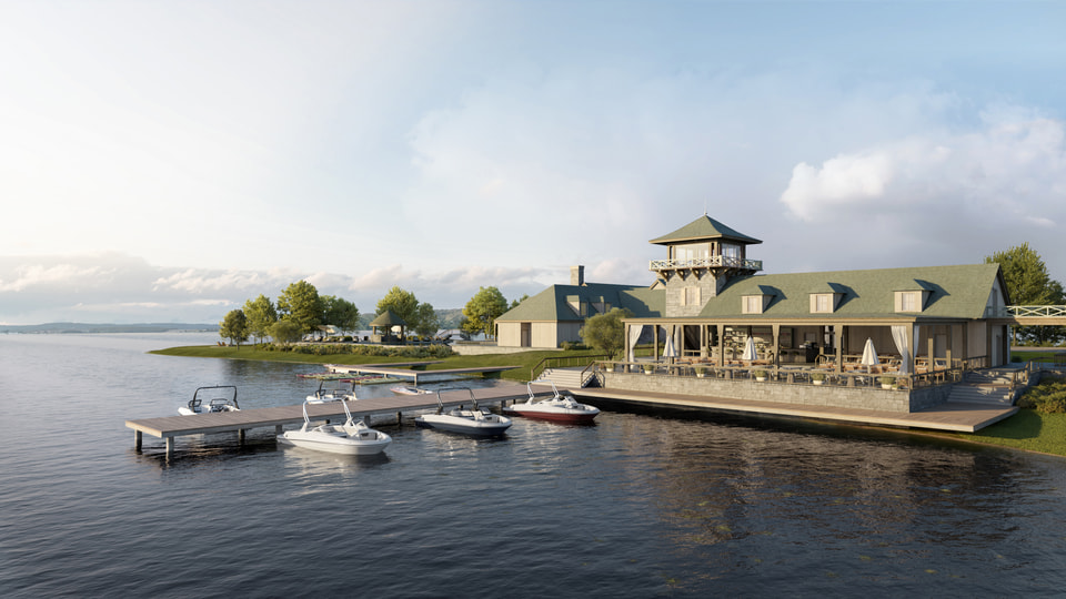 Freestone Club, Fairfield TX. Waterline rendering of the lake house with covered porch dining, stone terrace, cupola tower, and ski boats moored along the floating dock by Radical Galaxy Studio