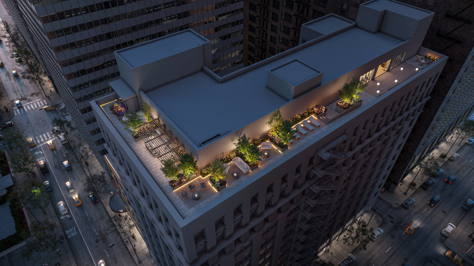 79 Monroe, Chicago IL — Ware Malcomb. Amenity terrace at dusk with warm lighting and Chicago Loop skyline views by Radical Galaxy Studio