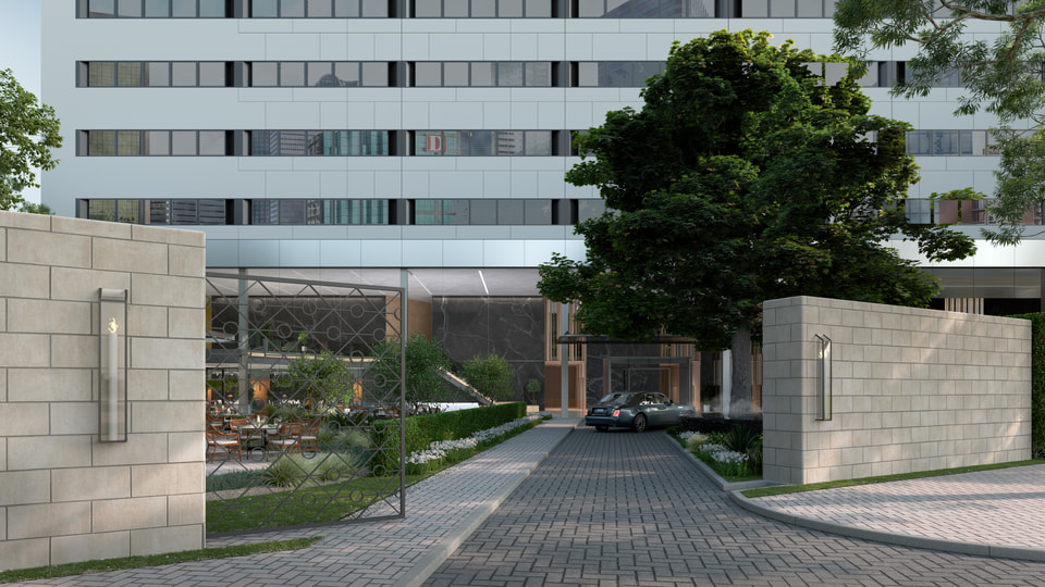 The Sinclair, Dallas TX. Street level approach rendering showing the gated resident drive, stone garden walls, and the restored 1983 tower facade above by Radical Galaxy Studio