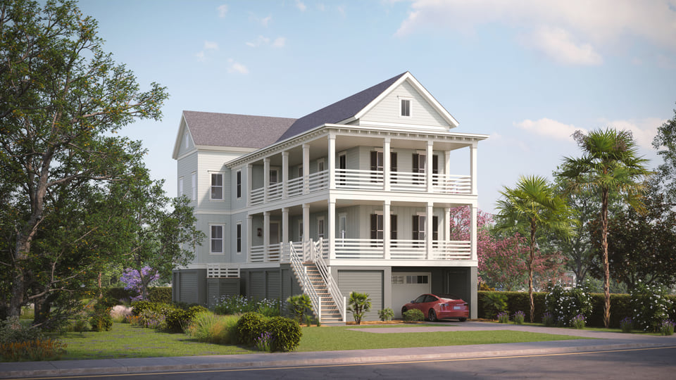 Photorealistic 3D rendering of a traditional single-family residence with attached garage and gabled rooflines.