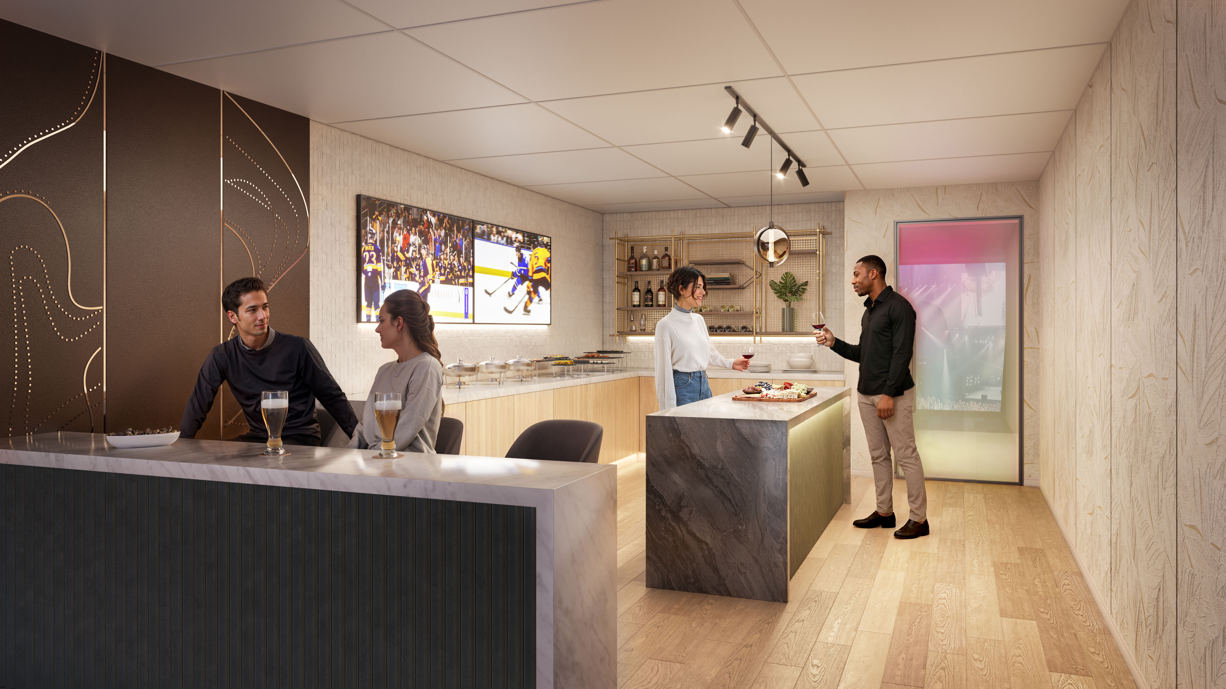 3D rendering of a luxury suite interior in a sports stadium featuring modern seating, open layout, and entertainment spaces created by radical galaxy studio